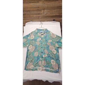 Bermuda Bay Mens Large 100% Silk Tropical Pineapple Hawaiian Camp Shirt Teal